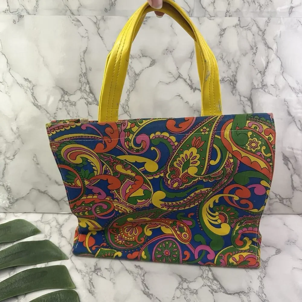 Vintage 70s Tote Bag Purse Green Yellow Paisly Floral Canvas Funky Top Handle